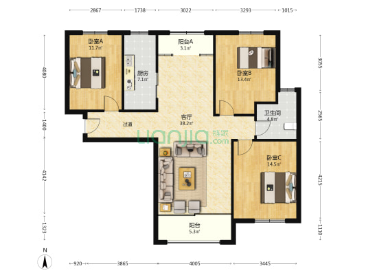 领御 3室1厅1卫 131平方