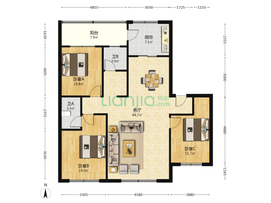 万星北城上院 3室1厅2卫 129平方