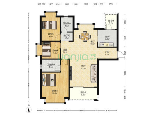 恒大御府 3室2厅3卫 128平方