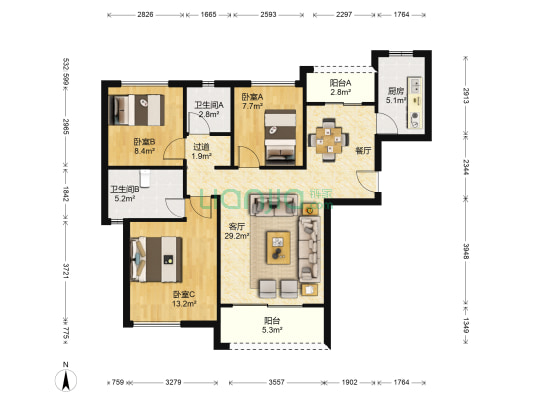 南山雍江汇二期 3室1厅2卫 107平方