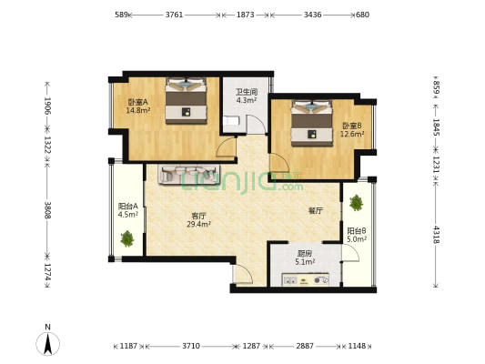 丽景华庭B区 2室1厅1卫 83平方