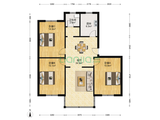 湖苑新村三区 3室1厅1卫 107平方