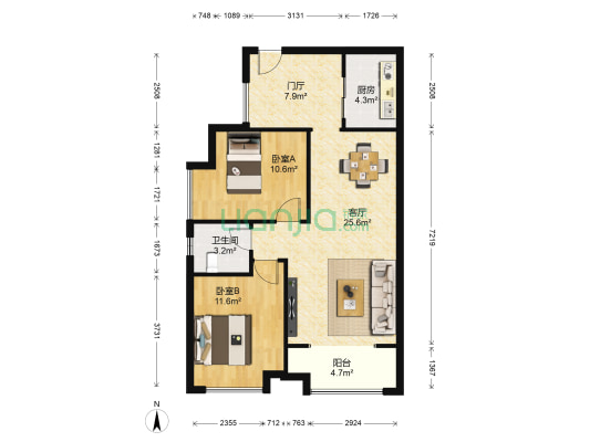 巴黎阳光 2室1厅1卫 75平方