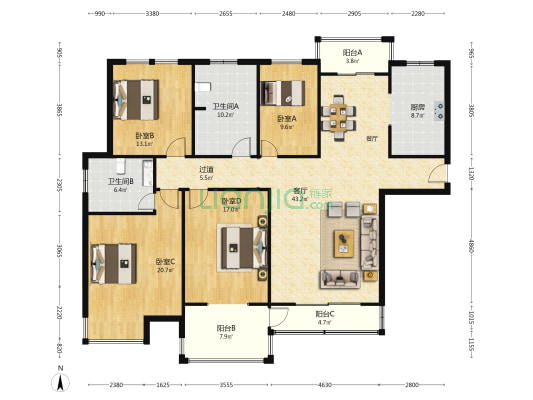 世纪花园 4室1厅2卫 149平方