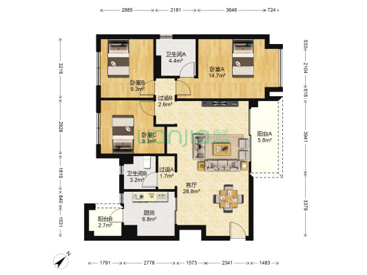 恒大名城 3室1厅2卫 115平方