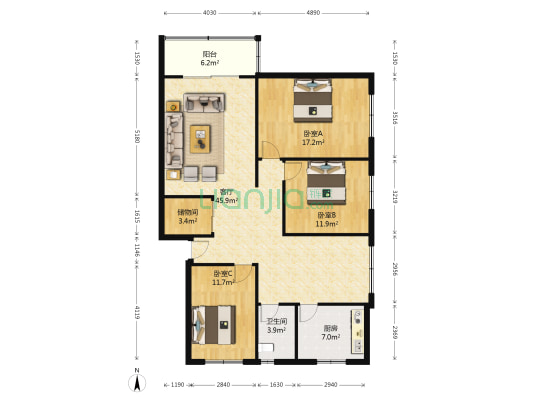 西安北路87号 3室1厅1卫 119平方