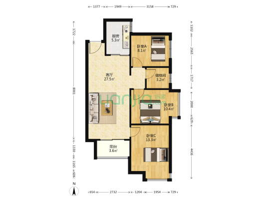 春和景园二期 3室1厅0卫 92平方