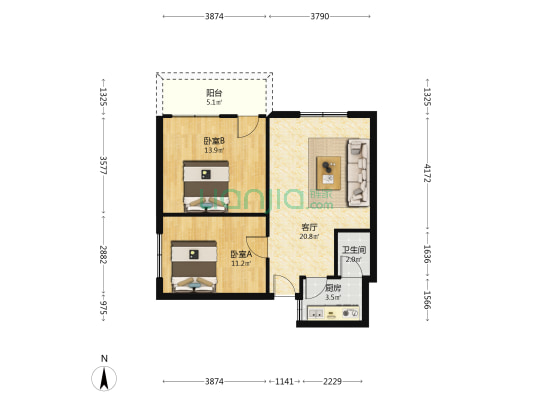 海乐花园 2室1厅1卫 64平方