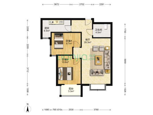 联合一号院 2室1厅 南-户型图