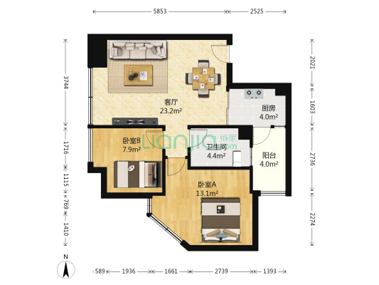 观筑小区 2室1厅1卫 75平方