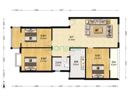 金竹花园 3室1厅1卫 88平方