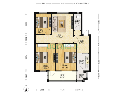 化工设计院宿舍 3室1厅1卫 89平方