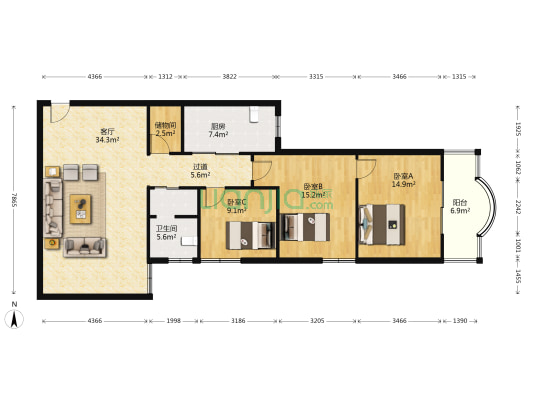 天赐福地 3室1厅1卫 132平方