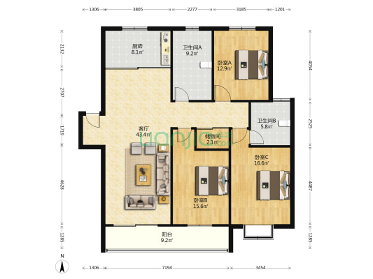 金地盛大花园 3室1厅2卫 145平方