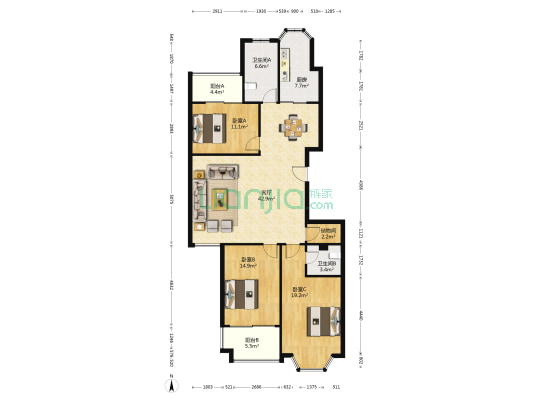 吉庆苑 3室1厅2卫 148平方