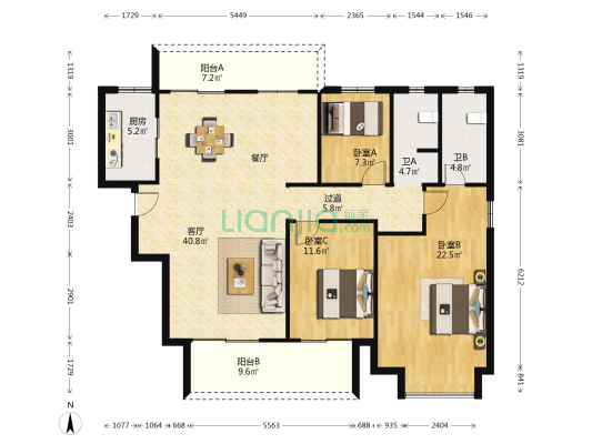 康桥香溪郡9号院 3室1厅2卫 150平方