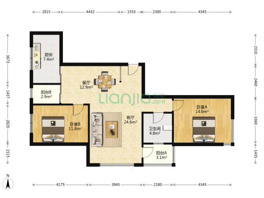 城邦花园东区 2室2厅1卫 110平方