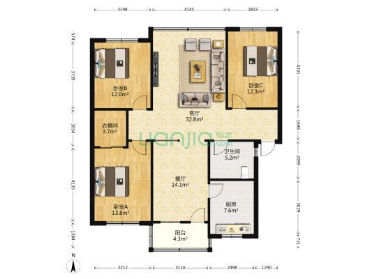 钟灵小区 3室2厅1卫 126平方