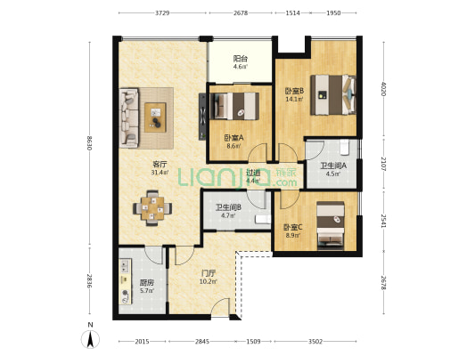 大地国际花园 3室1厅2卫 101平方