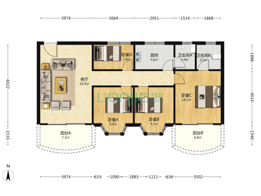 中山路北8号 4室1厅2卫 109平方