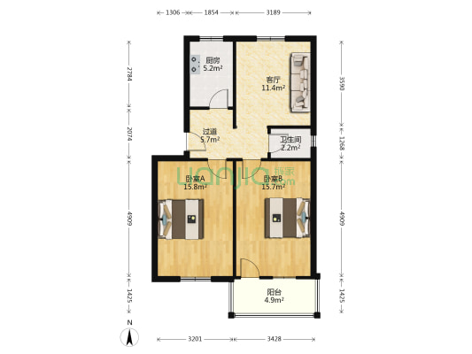 成套局宿舍 2室1厅1卫 75平方
