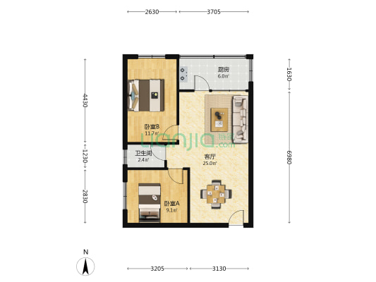 天贵路 2室1厅1卫 64平方