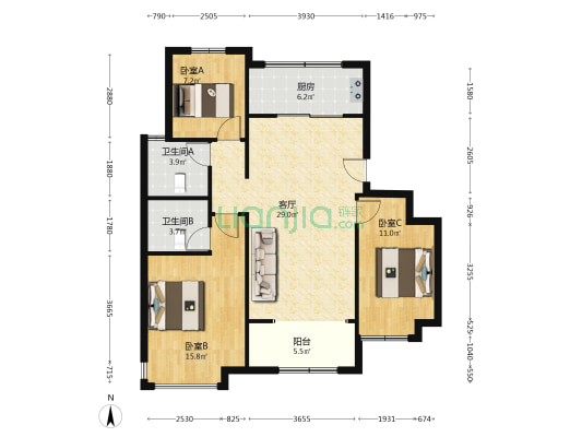 开发商带的装修，南北通透三阳开泰户型 。-户型图
