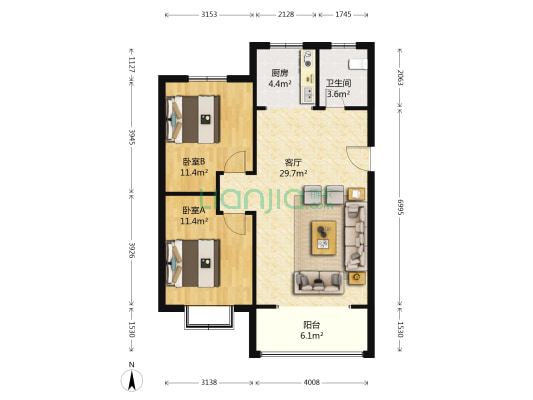 廊桥水岸 2室1厅1卫 94平方