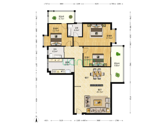 滨江骏景广场 3室1厅2卫 143平方
