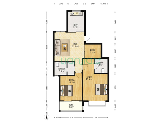 中天花园西区 3室1厅2卫 103平方