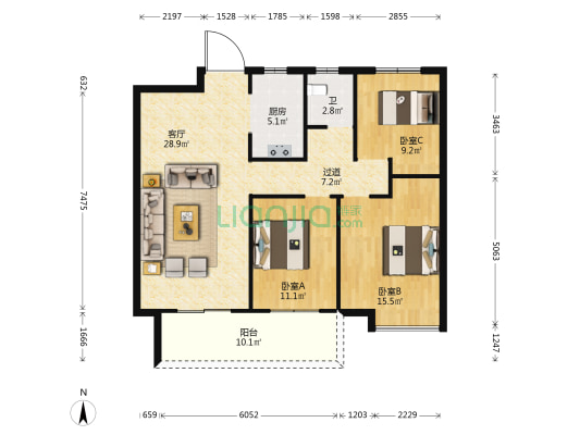 岳家湖公馆北区 3室1厅1卫 109平方
