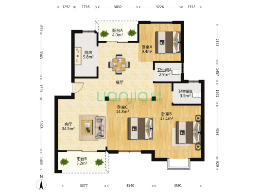 花石东路 3室1厅2卫 115平方