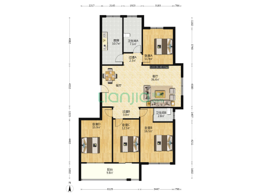 林泽花园西区 4室1厅2卫 169平方
