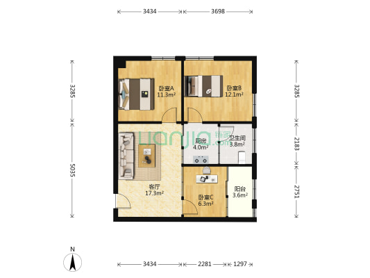 中山一路 3室1厅1卫 67平方