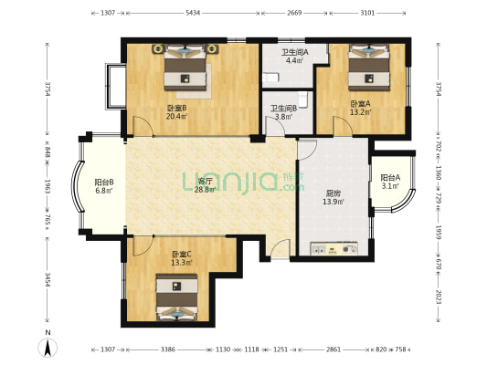 园林星城 3室1厅2卫 131平方
