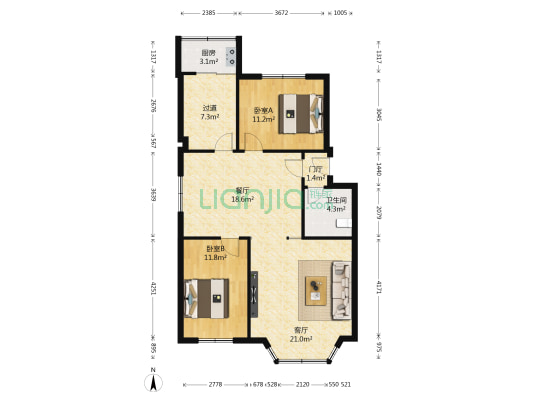大丰小区 2室2厅1卫 107平方