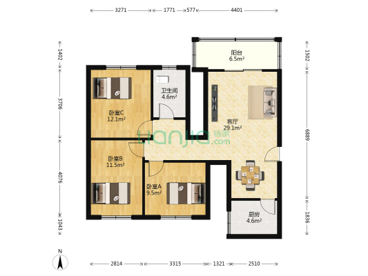 宝地花园 3室1厅1卫 91平方