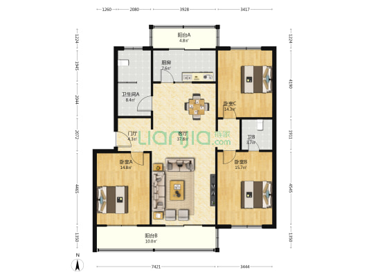 松林小区 3室1厅2卫 144平方