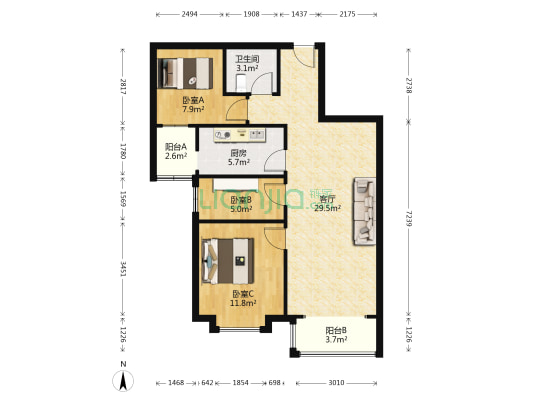 精装三居室纯南向 有本 满二看房方便-户型图