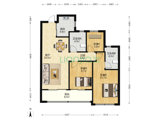 复地绿城月映咏荷园 3室1厅2卫 98平方