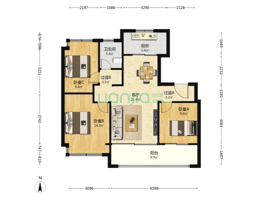 翡翠天域臻园 3室1厅1卫 96平方