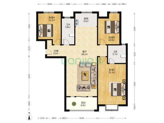 弘基幸福里 3室1厅2卫 129平方