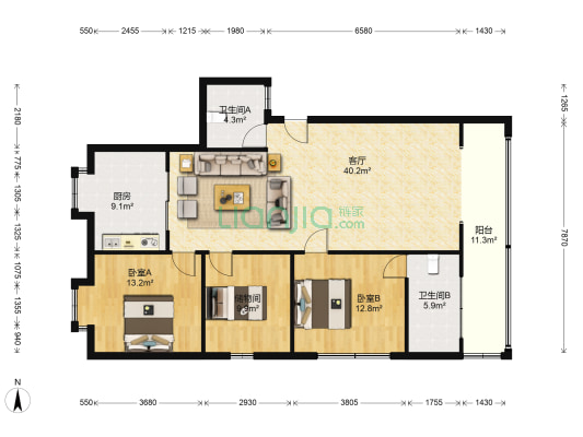 金谷商城小区 2室1厅2卫 125平方
