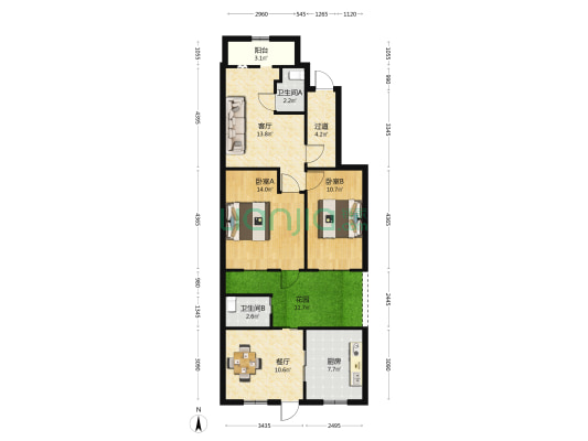清江商场宿舍小区 2室2厅2卫 53平方