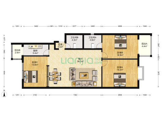 华严北里1号院 3室1厅2卫 148平方