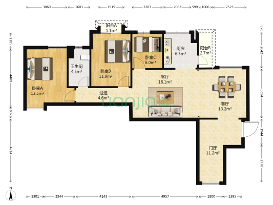 平和花园 3室2厅1卫 109平方