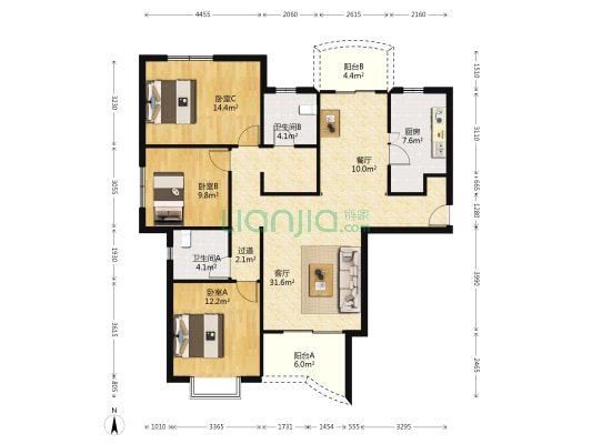 华丰新苑 3室2厅2卫 128平方