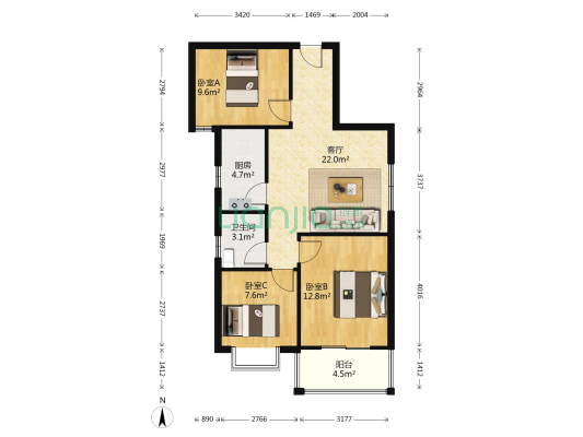 天保郦景朝南三居室简单装修顶层-户型图