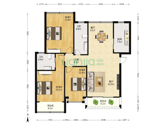 宝通花园 3室2厅2卫 133平方