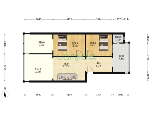 北站新村三组团 2室2厅1卫 54平方